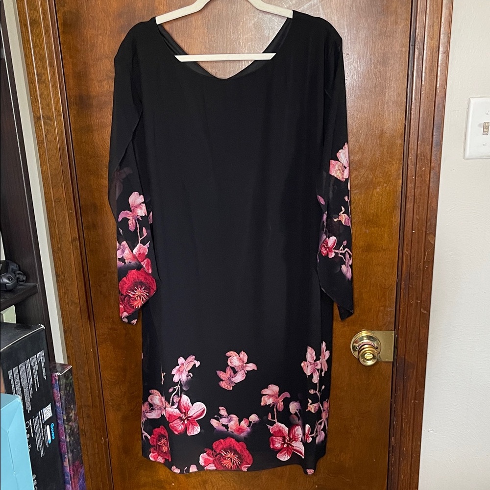 Grace Karin Black Chiffon Dress with Pink Floral Trim Womens Plus Size 3XL NWT
